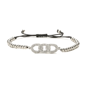 Bracelet cordon noir ajustable avec trois anneaux argentés et pierres de zircone cubique