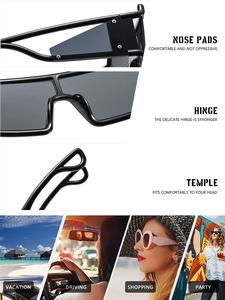 Detail view of integrated nose pads and metal hinges on punk style oversized sunglasses