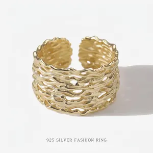 925 Sterling Silver Ring Irregular Texture Adjustable Open Band Minimalist Geometric Jewelry For Women