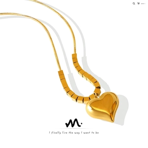 Heart Pendant Necklace Titanium Steel 18K Gold Plated Puffy Love Snake Chain Square Beads Minimalist For Women