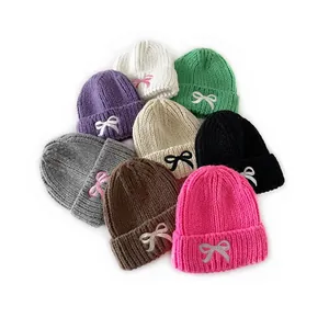 Kids Cute Bow Embroidery Knit Beanie Autumn Winter Warm Polyester Crochet Hat Sweet Candy Color Beanie For Toddler Outdoor