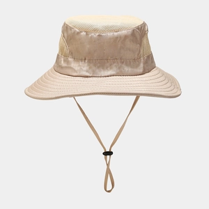 Khaki outdoor sun hat with breathable mesh and wide brim for hiking and fishing