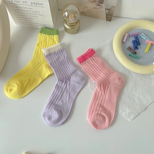 Pastel candy-colored cotton knit mid-calf socks with vertical stripes for women