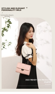 Close-up of pink quilted crossbody bag featuring V-shaped texture and golden chain strap