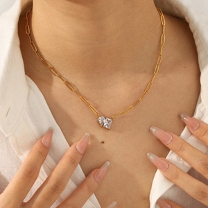 Pendant Necklace Stainless Steel 18K Gold Plated Paperclip Chain Zircon Double Stone Heart Square Shape Luxury Dainty Women