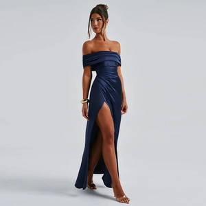 Detail of elegant dark blue off-shoulder satin gown with a high side slit and slim fit