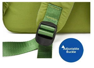 Detail of adjustable black buckle and durable green nylon strap for backpack