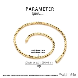 Detail of 18K gold stainless steel 6mm box chain necklace with size and weight specs