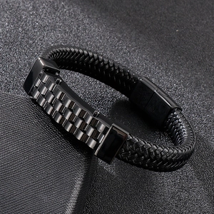 Men's black braided leather bracelet with wave pattern stainless steel magnetic clasp