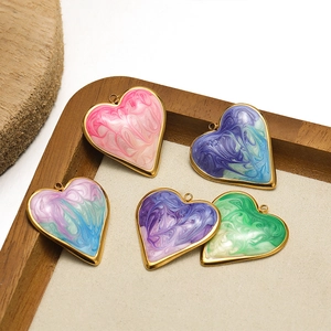 Colorful marble textured heart pendants with gold plating for DIY jewelry making