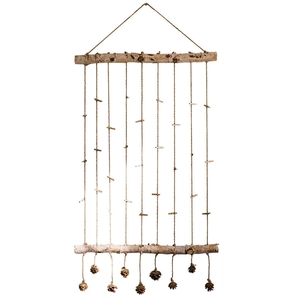 Nordic natural birch wood wall photo display with hemp ropes, clips and pine cones