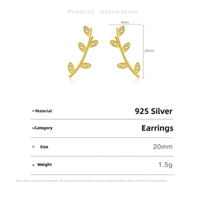 Detailed view of leaf-shaped S925 silver stud earrings with zirconia stones and dimensions