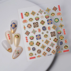 5D embossed bohemian nail stickers with gold foil geometric tile patterns and floral designs
