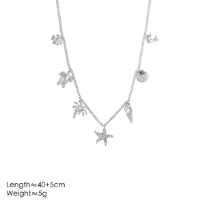 14K plated stainless steel necklace with sparkling sea turtle and starfish charms