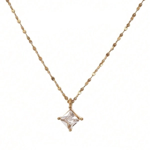 Minimalist 18K gold plated titanium necklace with a square cubic zirconia pendant