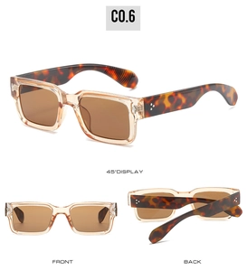 Three-way view of square sunglasses with light brown frame and tortoiseshell temples