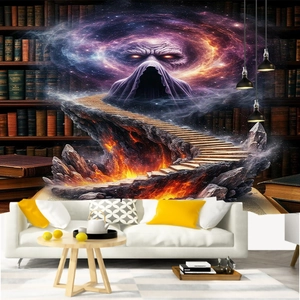 Detail of 3D Halloween wall tapestry featuring a mystical nebula and library scene