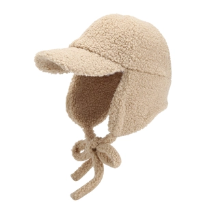 Beige lamb wool pilot hat for kids with ear flaps and visor for autumn winter warmth