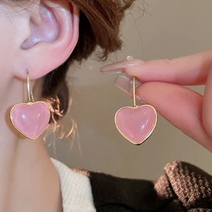 Pink heart-shaped resin earrings with gold edges and hooks for women fashion