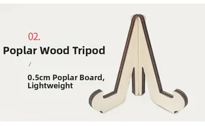 Close-up of lightweight poplar wood tripod stand with 0.5cm thickness for desk display