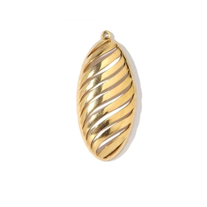 Close-up of golden oval hollow pendant with diagonal stripes and top attachment loop