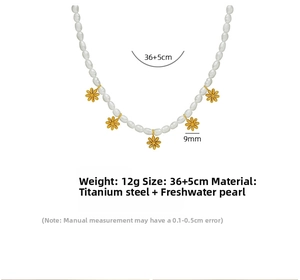 Detail of freshwater pearl necklace with titanium steel flower pendants and measurements