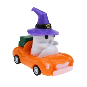 Detail of Halloween ghost wizard in orange pumpkin pull-back car toy on white backdrop