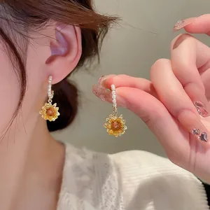 Sunflower Floral Artificial Pearl Drop Earrings Gold Plated Sweet Jewelry For Women With 925 Sterling Silver Earring Post