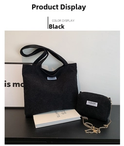 Detail view of black corduroy tote and small pouch with Fashion Instinct logo
