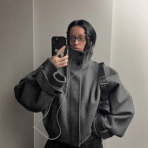 Women British Style Oversized Polyester Woolen Look Jacket High Neck Solid Color Long Sleeve Button Top For Autumn Winter