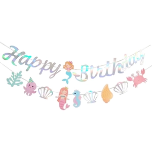 Ocean themed Happy Birthday banner with holographic silver letters and marine animal cutouts
