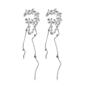 Silver crescent C-shaped ear cuff with zircon flower and long pearl tassel chain