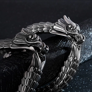 Vintage silver stainless steel dragon scale cuff bracelet with detailed double dragon heads