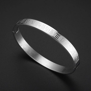 Silver roman numeral engraved metal bangle with high-quality brushed finish