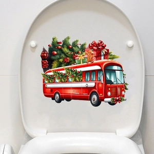 Christmas toilet lid sticker featuring a red bus with trees and gingerbread man pattern