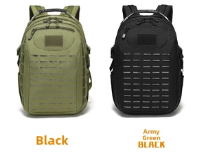 Detail of army green and black tactical backpacks with laser-cut MOLLE system design