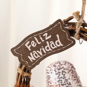 Christmas wreath with wood branch base, glitter fabric detail and Feliz Navidad sign