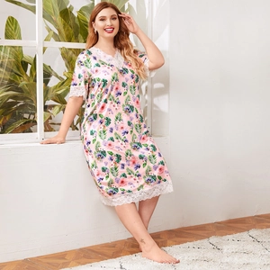 Plus Size Women Nightgown V-Neck Short Sleeve Lace Trim Tropical Floral Print Milk Satin Polyester Spandex Loungewear