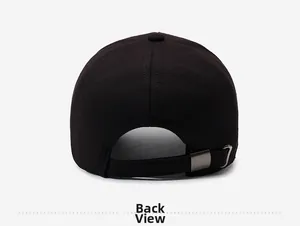 Detail view of the adjustable metal strap buckle on the back of this twill baseball cap