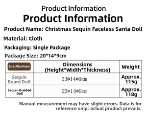 Detailed size chart and weight specifications for Christmas sequin faceless gnome dolls