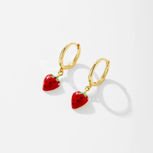 Close-up of S925 sterling silver strawberry drop earrings with red and green enamel details