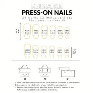 Guide des tailles détaillé pour ongles adhésifs avec 12 dimensions et instructions