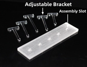 Detailed view of clear acrylic T-bar earring display stand with base and five slots