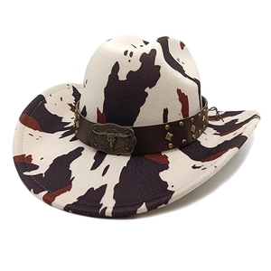 Western Cowboy Hat Polyester Felt Cow Leopard Print Bull Head Buckle Studded Wide Brim Retro Fashion Outdoor