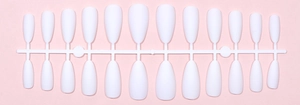Macro shot of 24-piece matte white almond shape press-on nails on a plastic rack