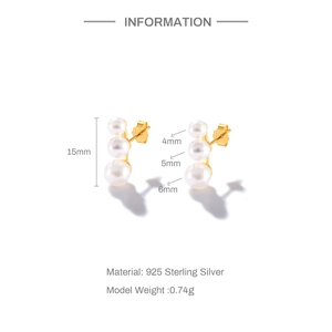 Detailed view of S925 sterling silver earrings with three gradient pearls and size measurements
