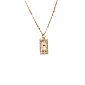 Gold plated copper necklace with zircon encrusted rectangular religious pendant on white