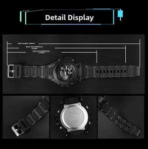 Detail view of black outdoor sports watch featuring buckle, strap and engraved back cover