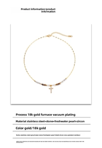 Detailed spec sheet showing 18K gold plated cross necklace with freshwater pearl and zircon