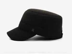 Detail view of winter brown flat top military cap with warm lining and metal buckle accent